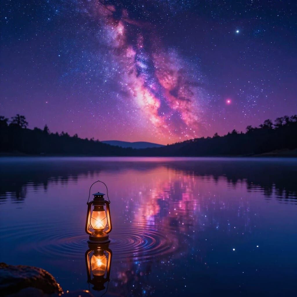 Crystal Lake Reflects Starry Night Sky with Glowing Lantern