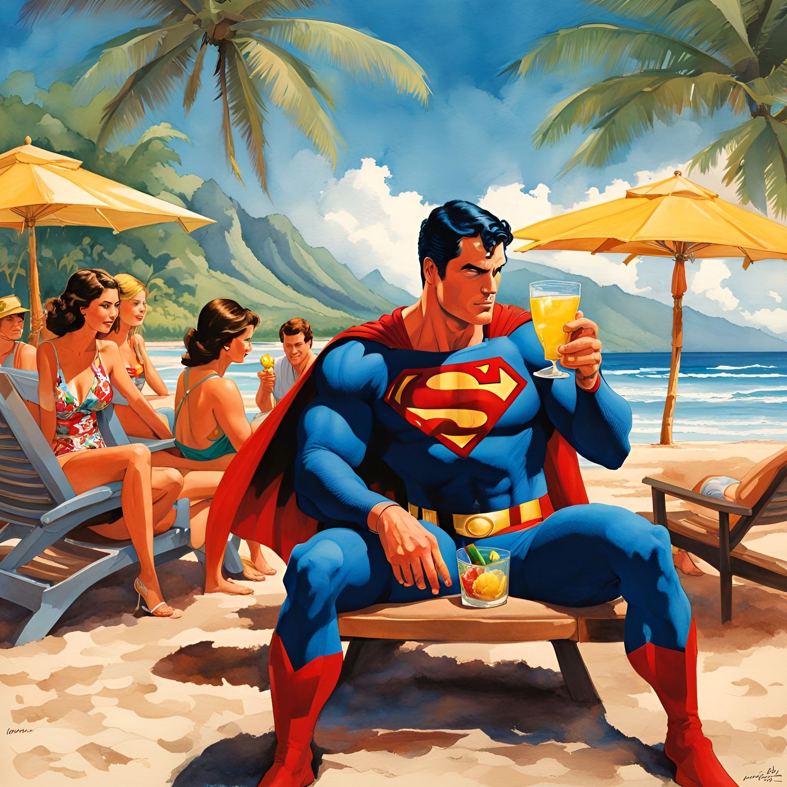 Superman's Hawaiian Beach Vacation in Comic Art Style