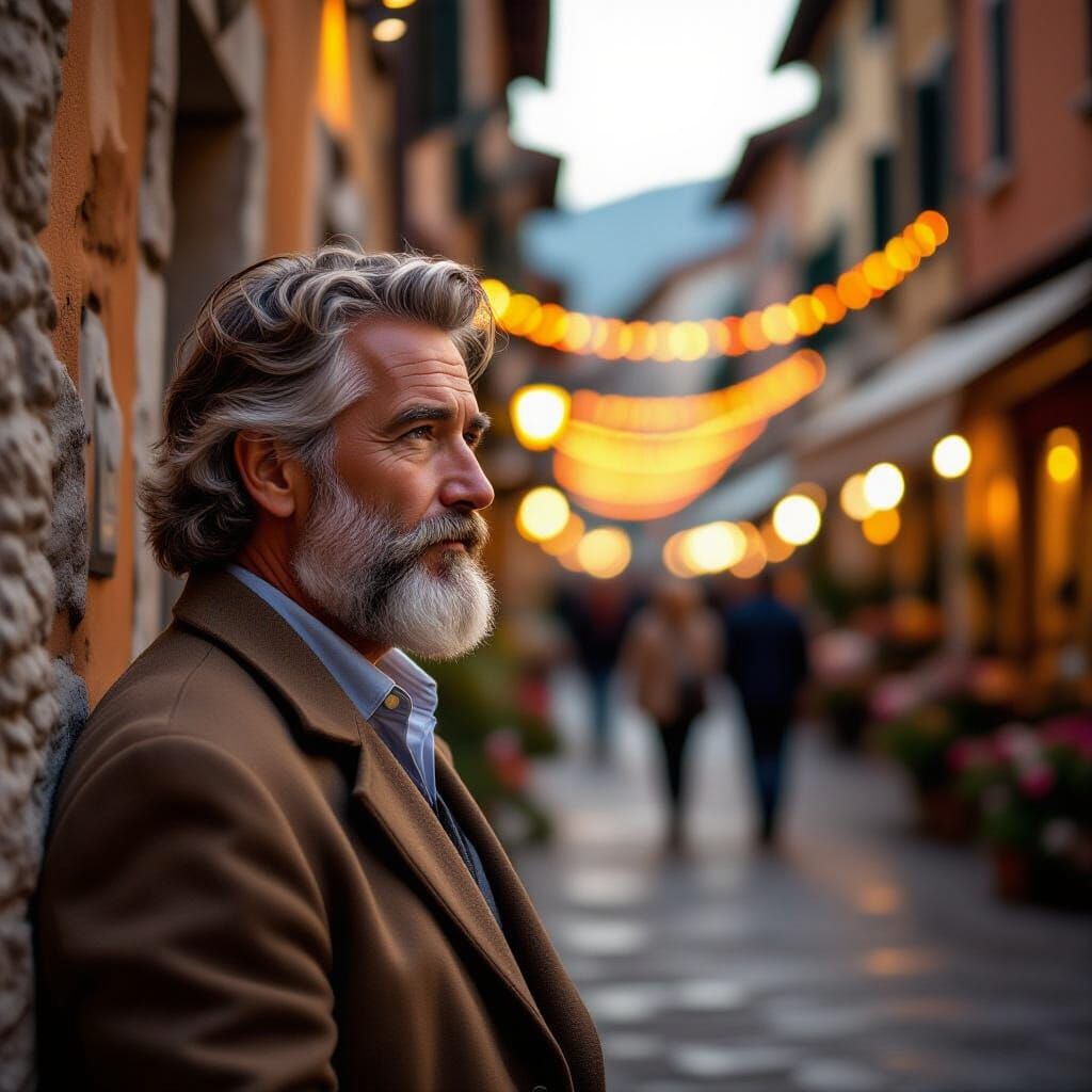 Man Contemplates Festival in Italian Street, Portrait