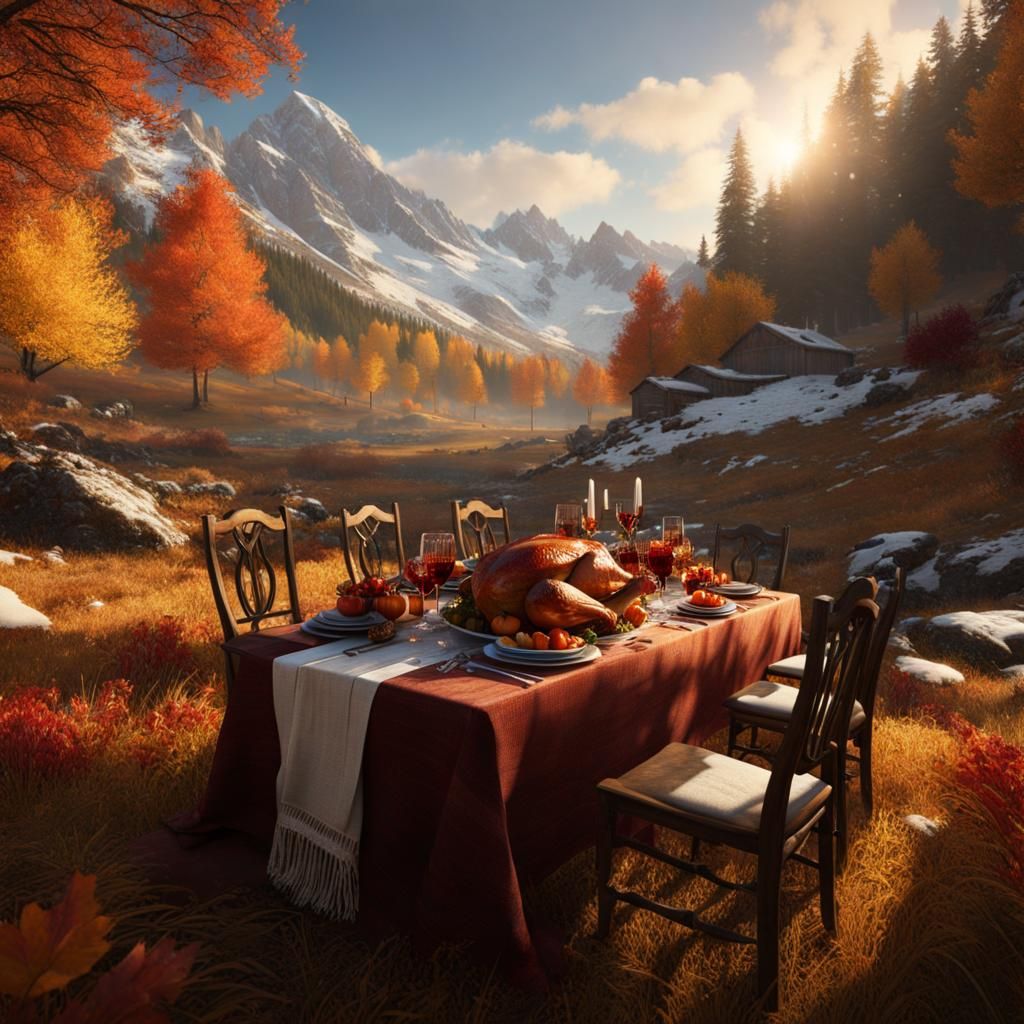 Thanksgiving Feast in Mountain Meadow, Digital Art