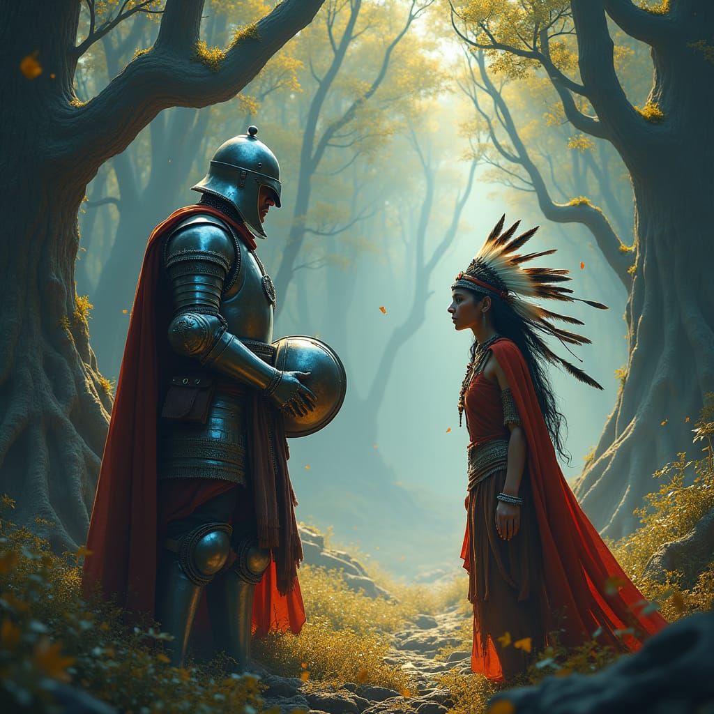 Knight Protects Native Woman in Mystical Forest