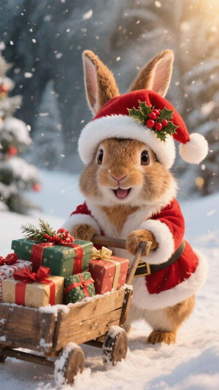 Adorable Bunny in Santa Outfit with Christmas Presents