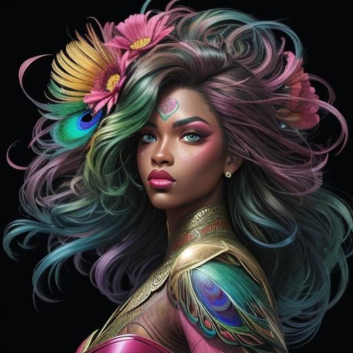 Rainbow Peacock Woman in Comic Book Style