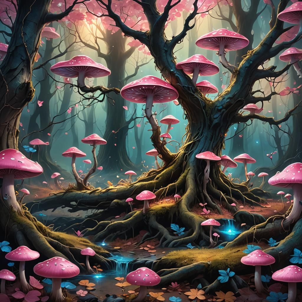 Mystical Autumn Forest with Pink Mushrooms, Fantasy Art