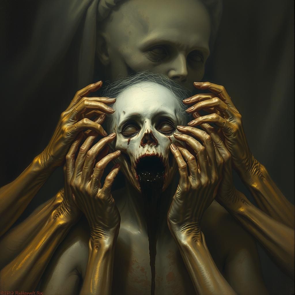 Golden Hands Clutching a Leaking Head, Horror Art