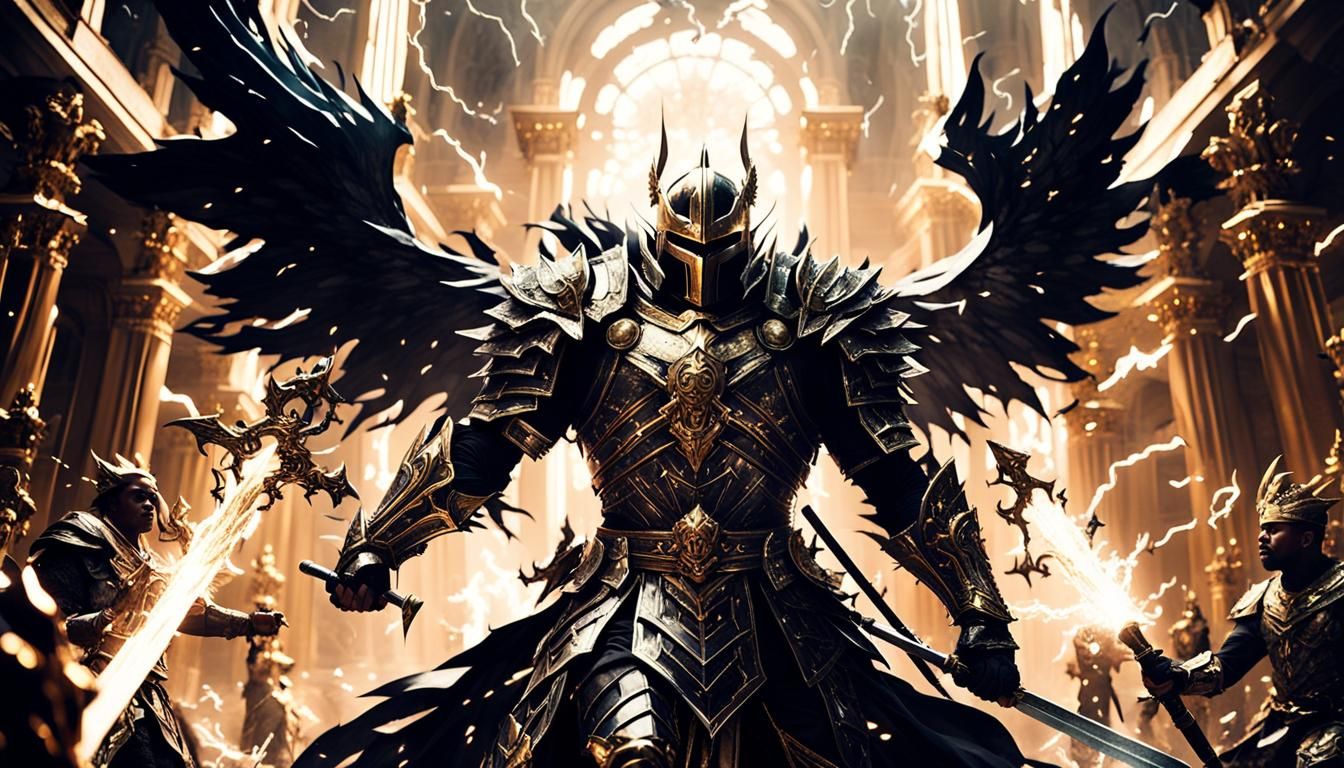 God Knight Battles in Lightning Storm: Cinematic Film Still