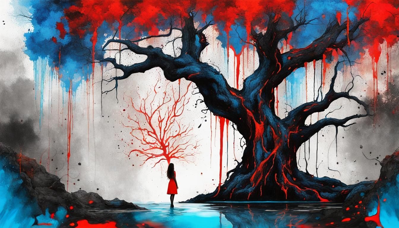 Ink Splatter Tree Near Electric Waterfall, Pollock Style