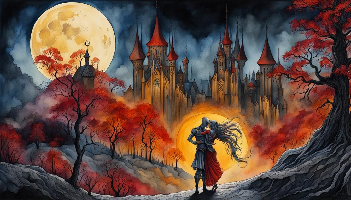 Medieval Dancers in Crimson and Amber: Storybook Illustratio...