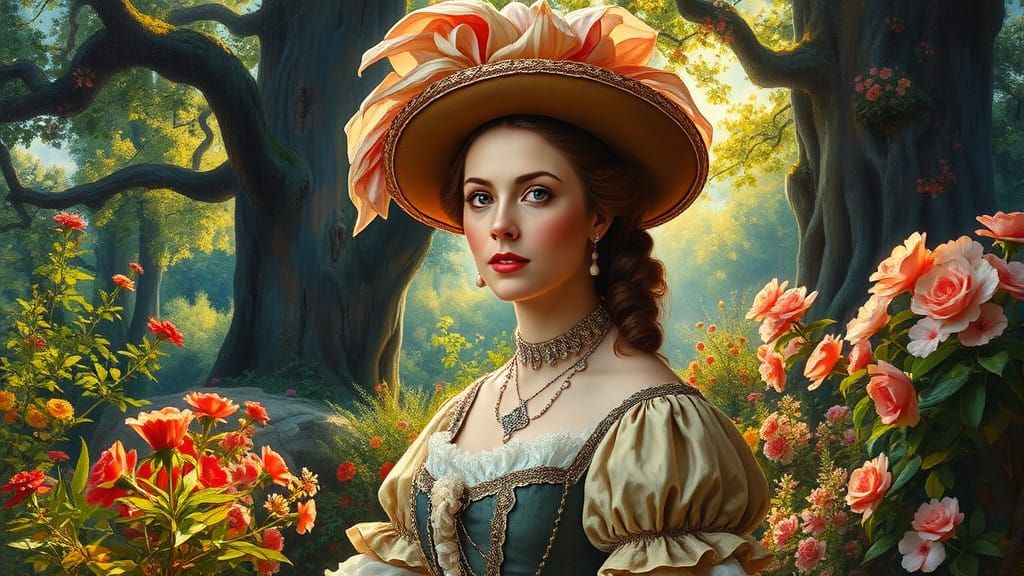 A Woman in Whimsical Garden Splendor, in the Style of the Ol...
