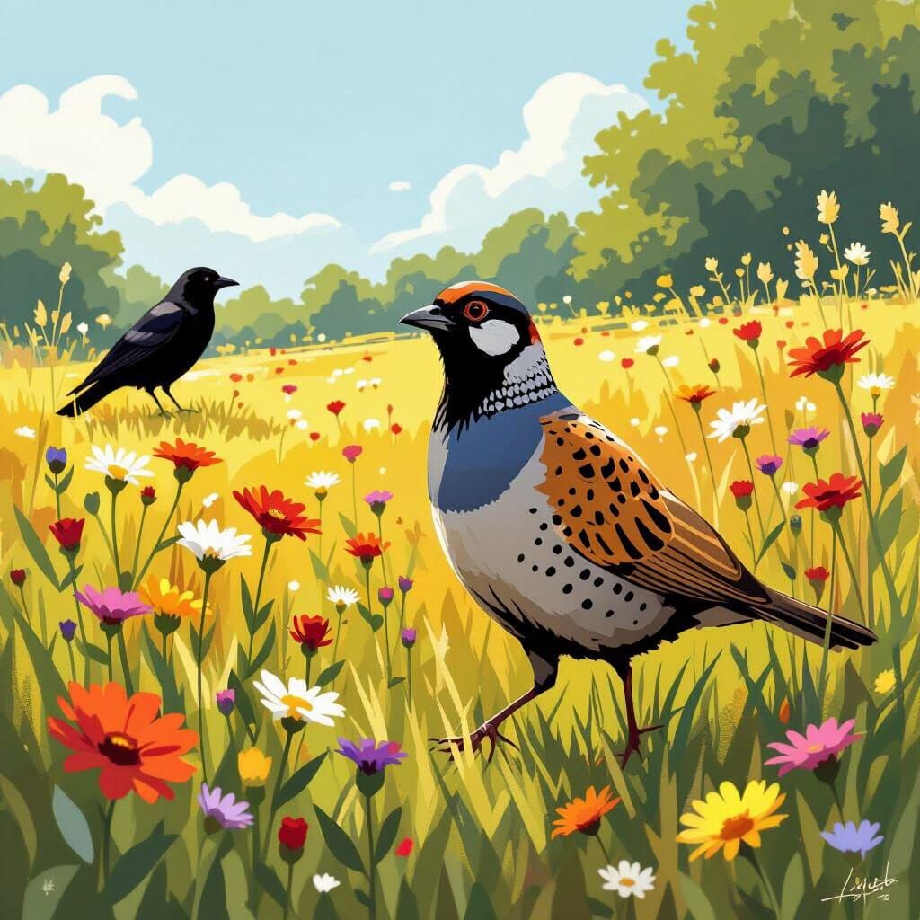 Proud Partridge in Sunny Field with Wildflowers