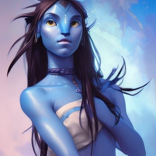 Blue Avatar Girl Portrait in Art Nouveau Style