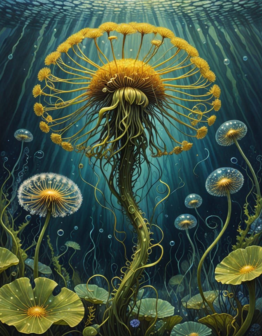 Surreal Watercolor Aquatic Dandelion Blooms Underwater