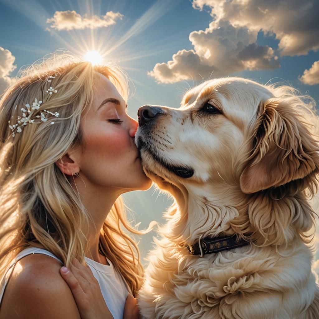 Woman's Tender Kiss with Dog in Divine Light