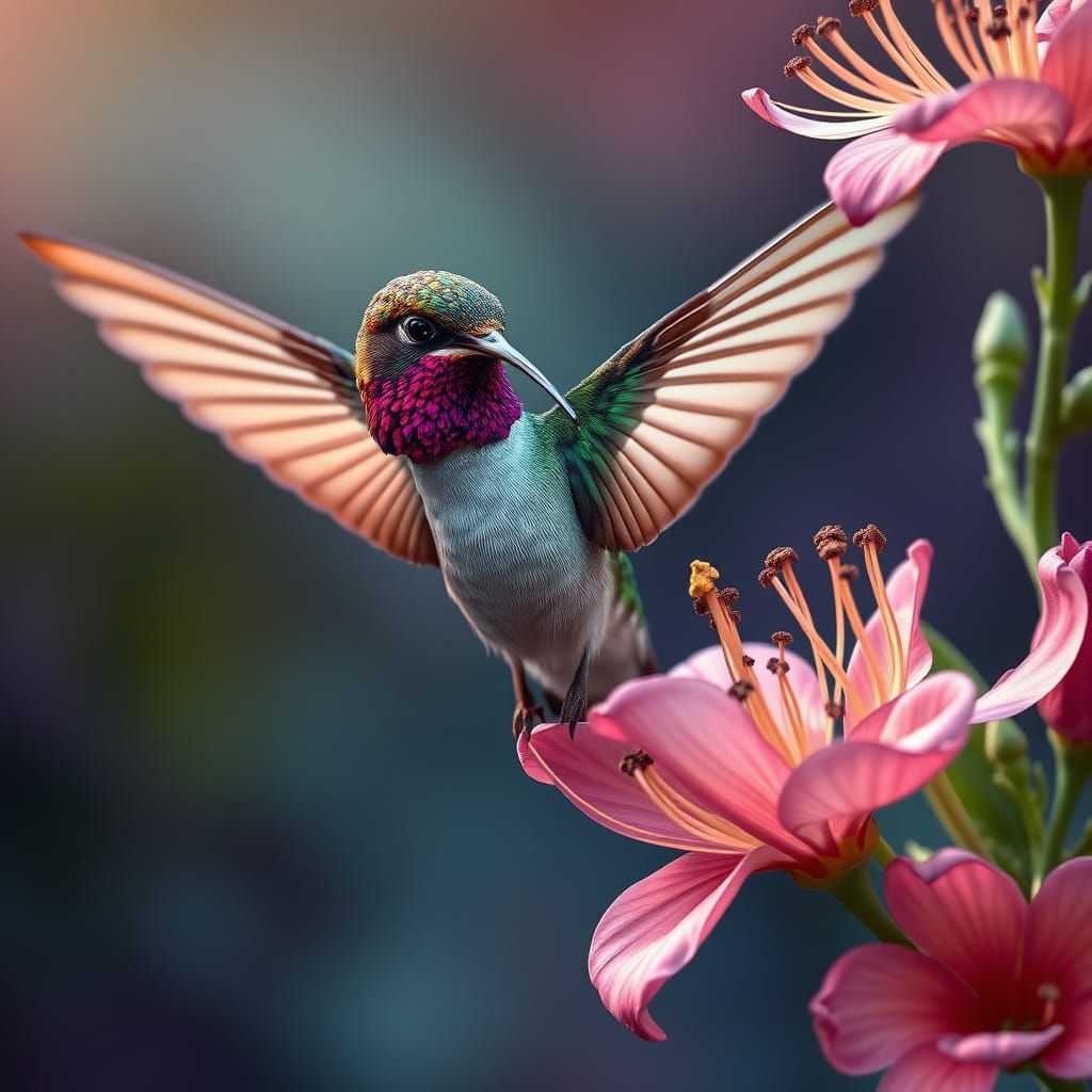 Surreal Hummingbird in Mid-Air, Sipping Nectar from a Bloomi...