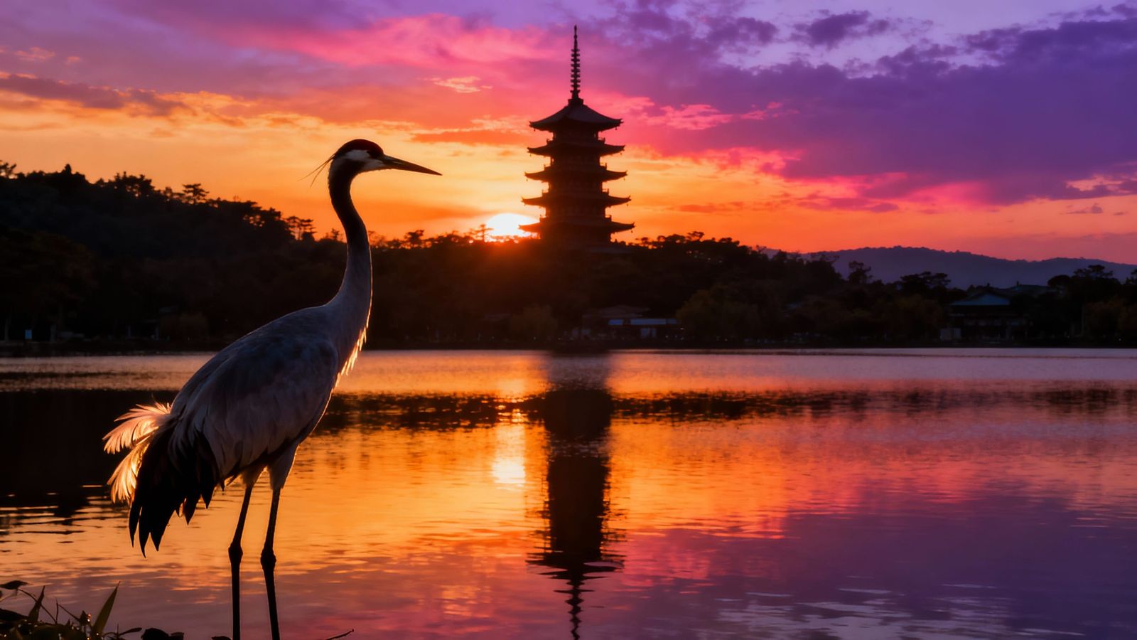 Photorealistic Lakeside Sunset with Pagoda and Crane