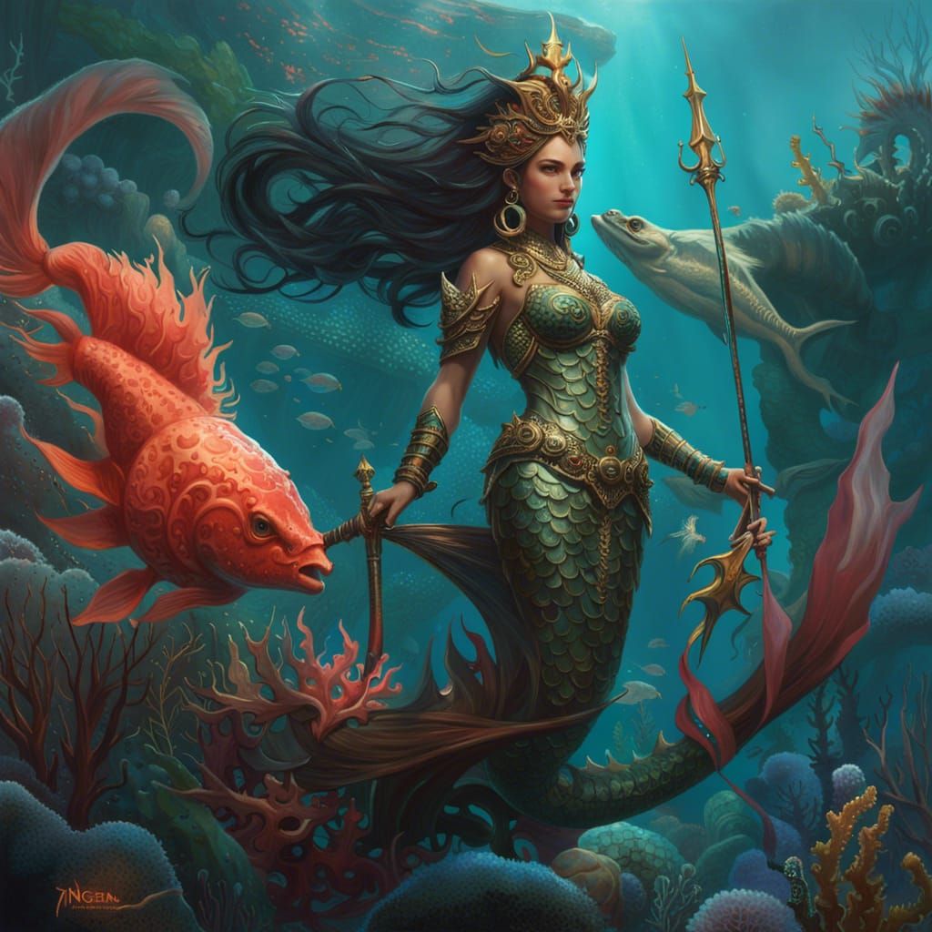 Mermaid Warrior with Trident in Fantasy Art Style