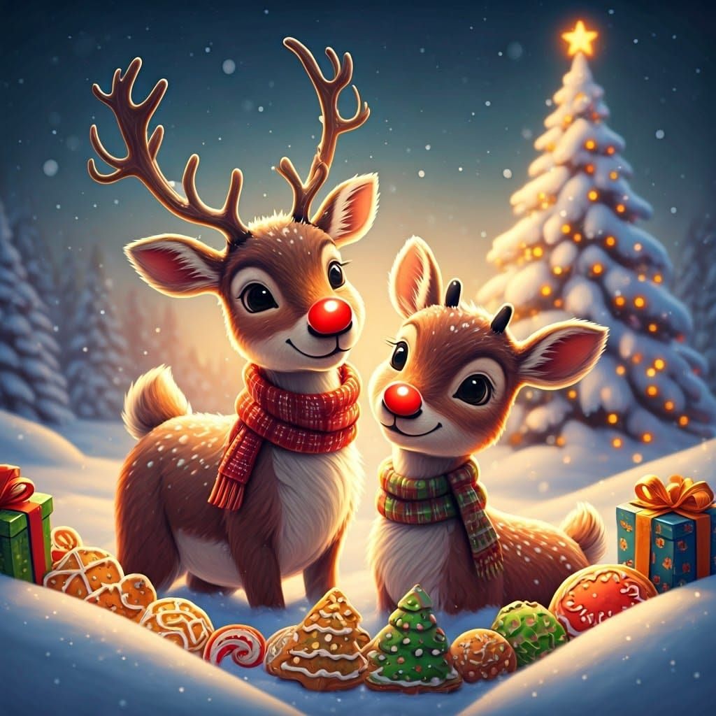 Festive Reindeer Christmas Scene in Matte Painting Style