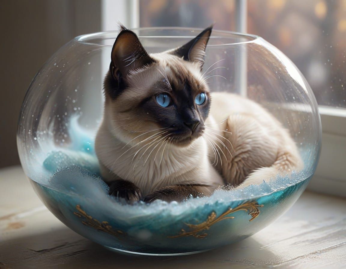 Siamese Cat in Glass Bowl - Ethereal Fantasy Style