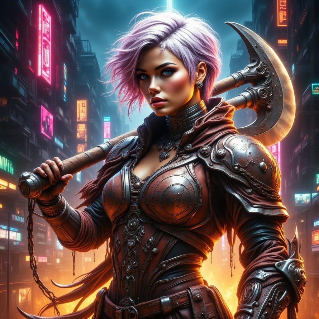 Elderly Warrior Woman with Axe in Neon City