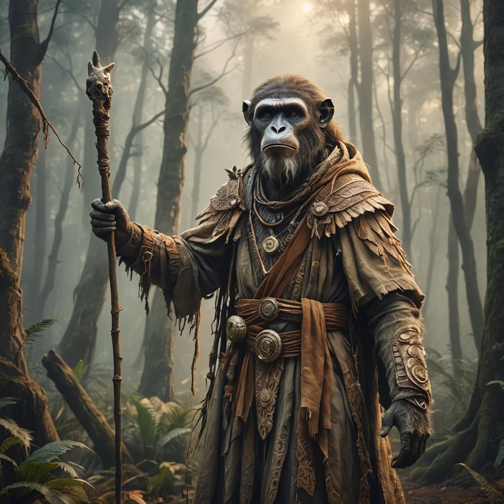 Ape-like Druid in Misty Forest: Fantasy Digital Art