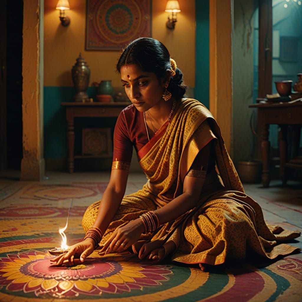 Young Indian Girl Creates Intricate Rangoli Art in Morning L...