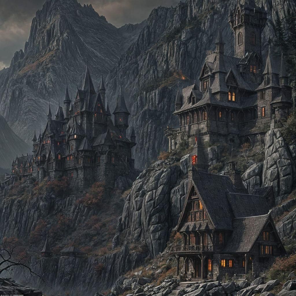 Gothic Castle with Gargoyles in Rainy Landscape