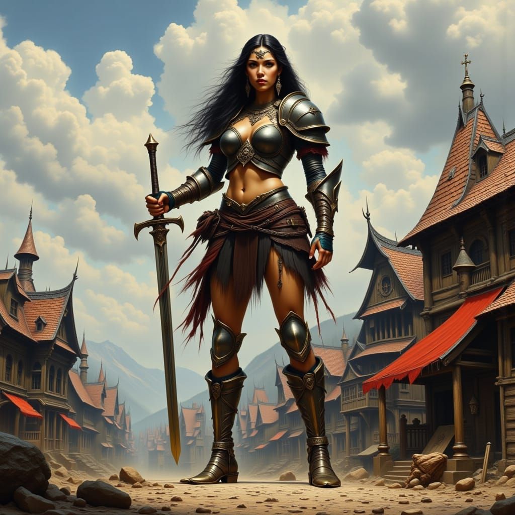 Giant Latina Warrior with Sword in Tiny City