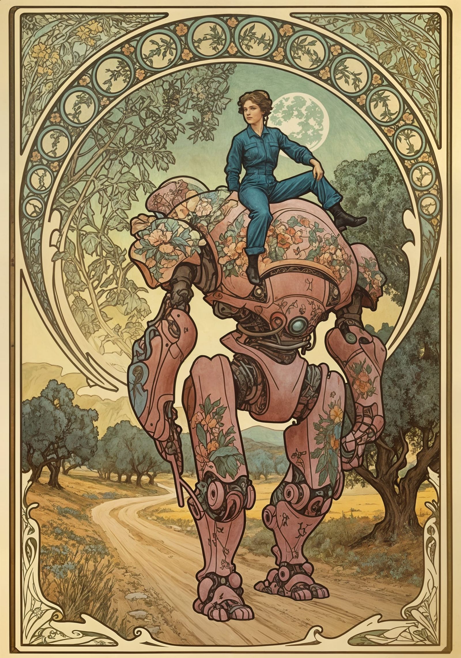 Art Nouveau Woman Rides Pink Mech Through Olive Grove