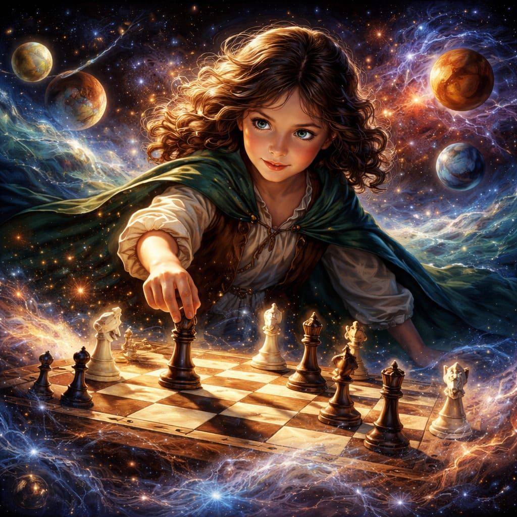 Young Girl Learns Chess With Universe in High Fantasy Style