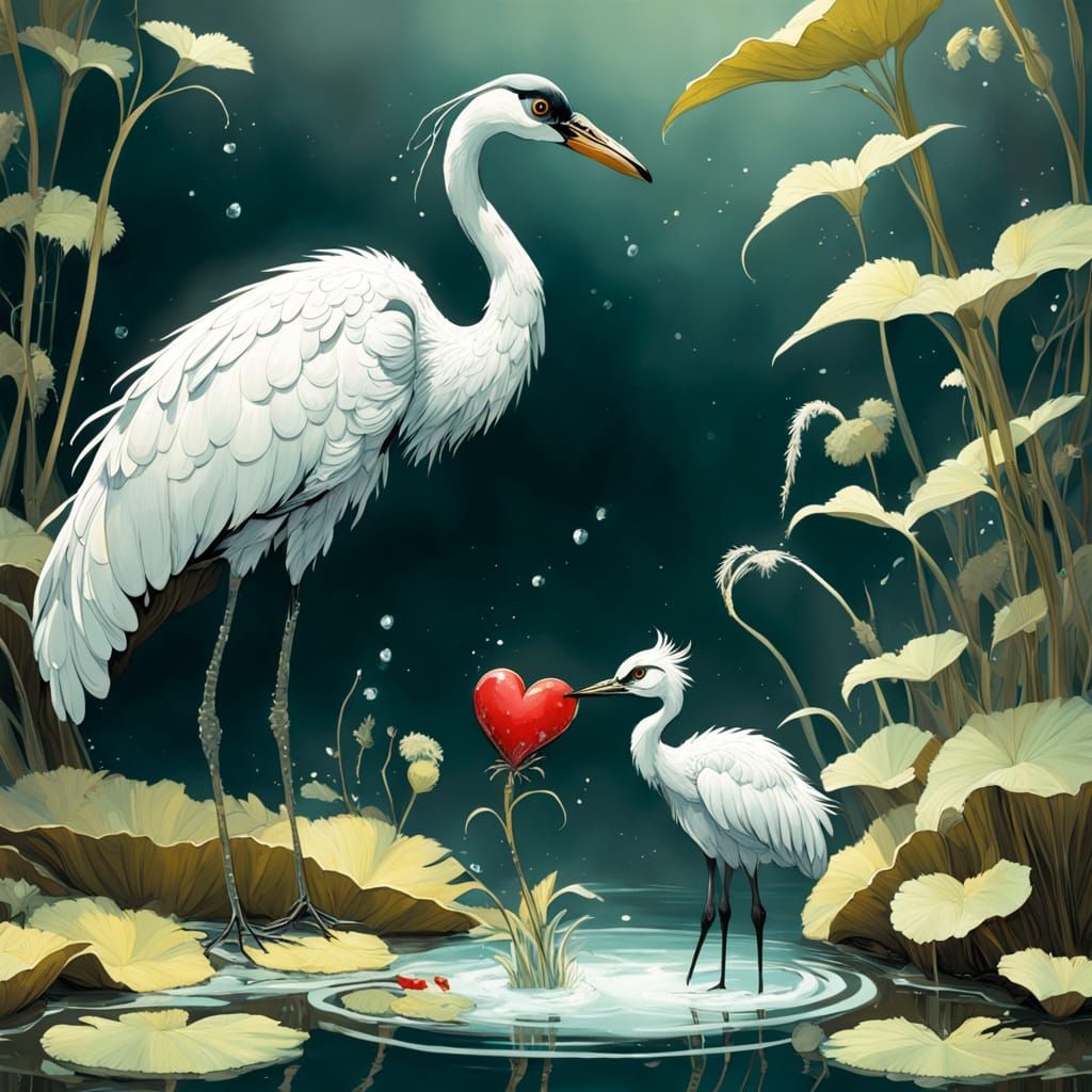 Serene Crane in Winter Wonderland Holds Red Heart and Frog