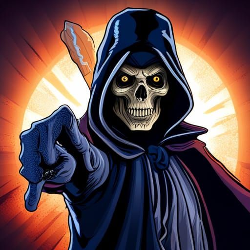 Grim Reaper Points with Lightning Flash: Fantasy Art