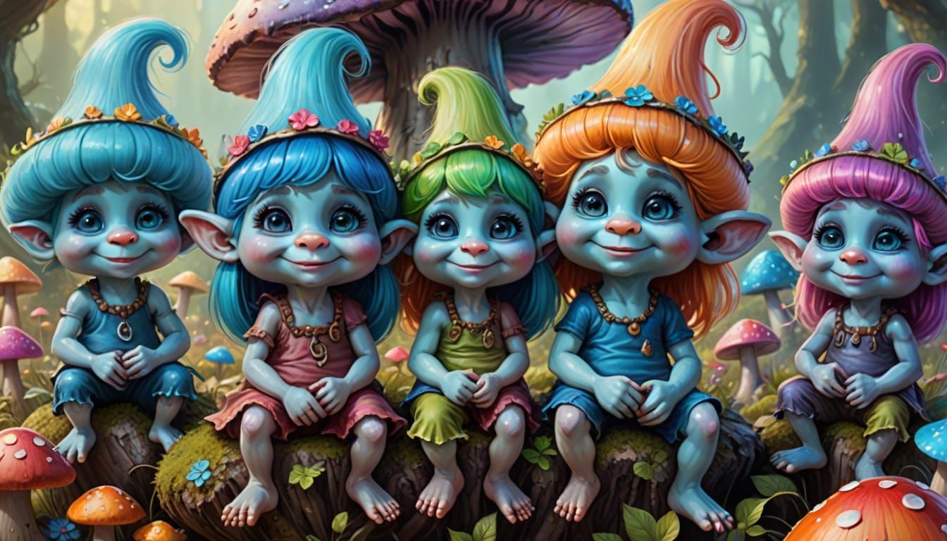 Good Luck Troll Dolls on Mushroom, Fantasy Art