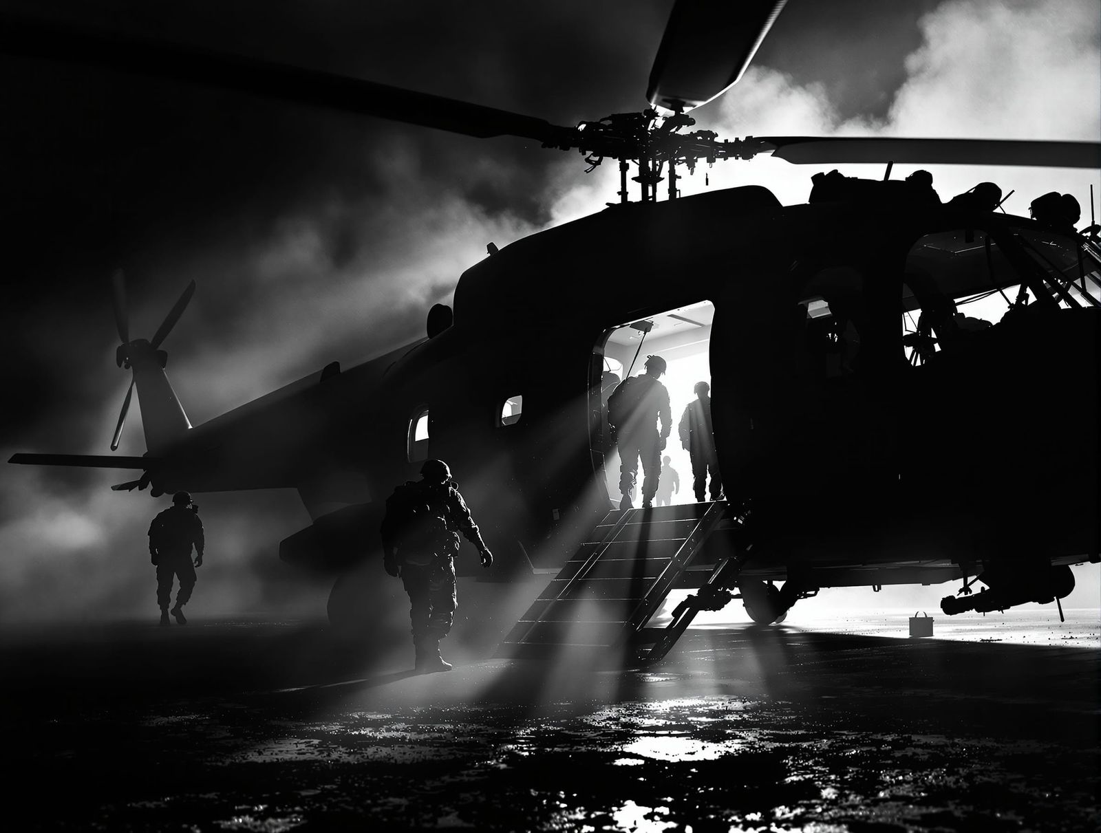 Soldiers Boarding Helicopter in Dramatic Black and White