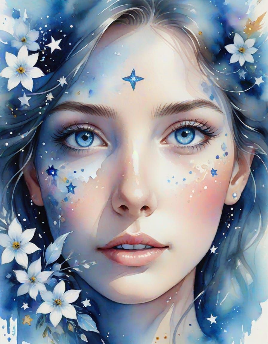 Dreamy Watercolor Portrait with Sapphire Eyes and Celestial ...