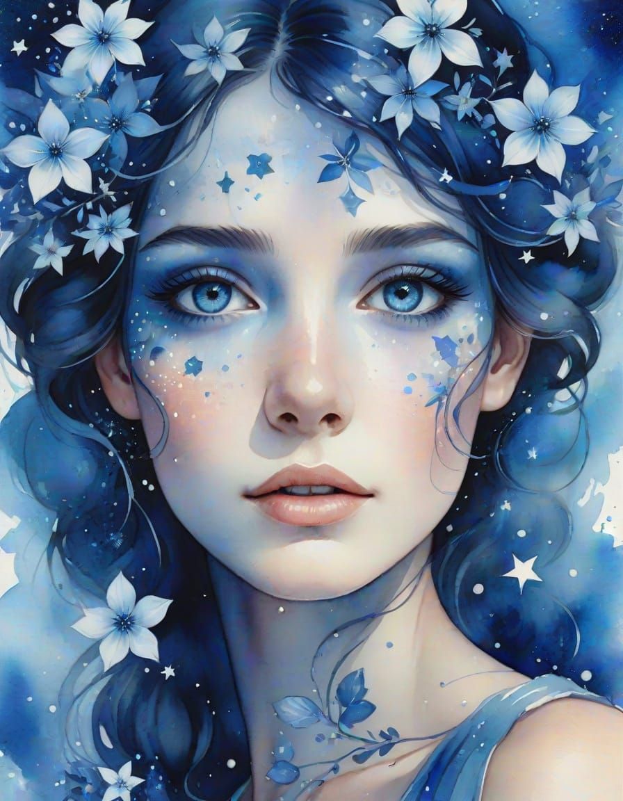 Watercolor Portrait with Sapphire Eyes and Whimsical Blue Hu...