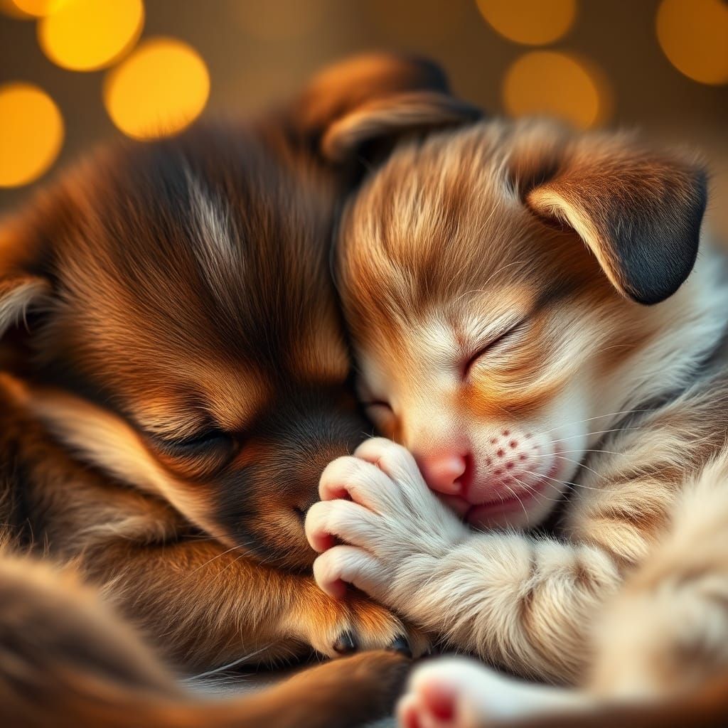 Sleeping Kitten and Puppy Portrait