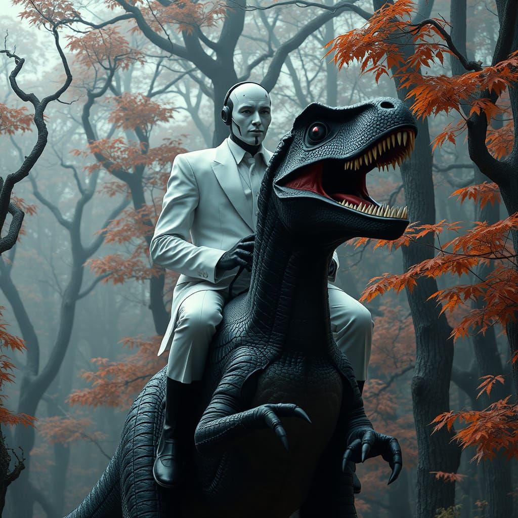 Android Rides Majestic Velociraptor Through Haunting Autumn ...