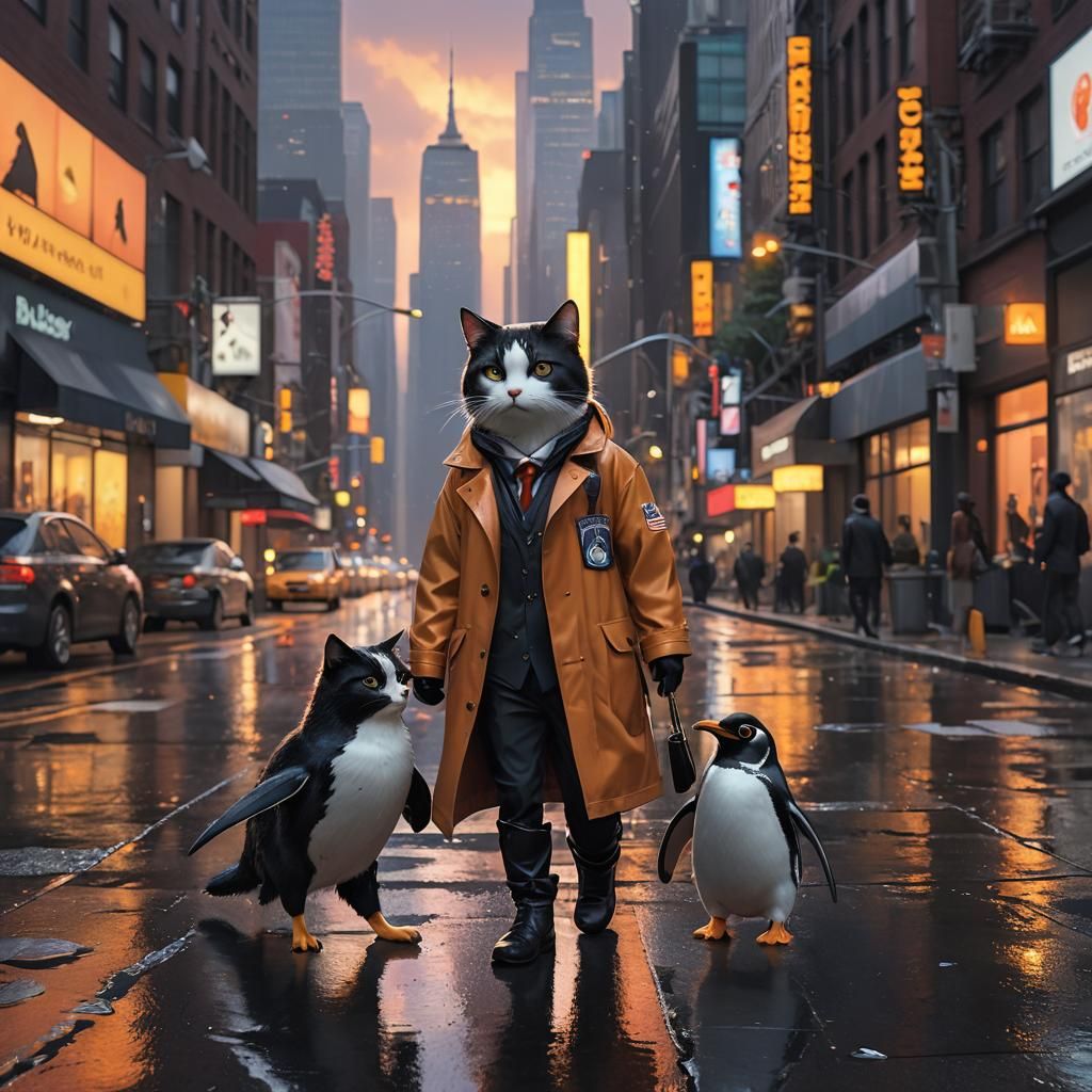 Cat and Penguin Stroll in Rainy New York: Anime Art