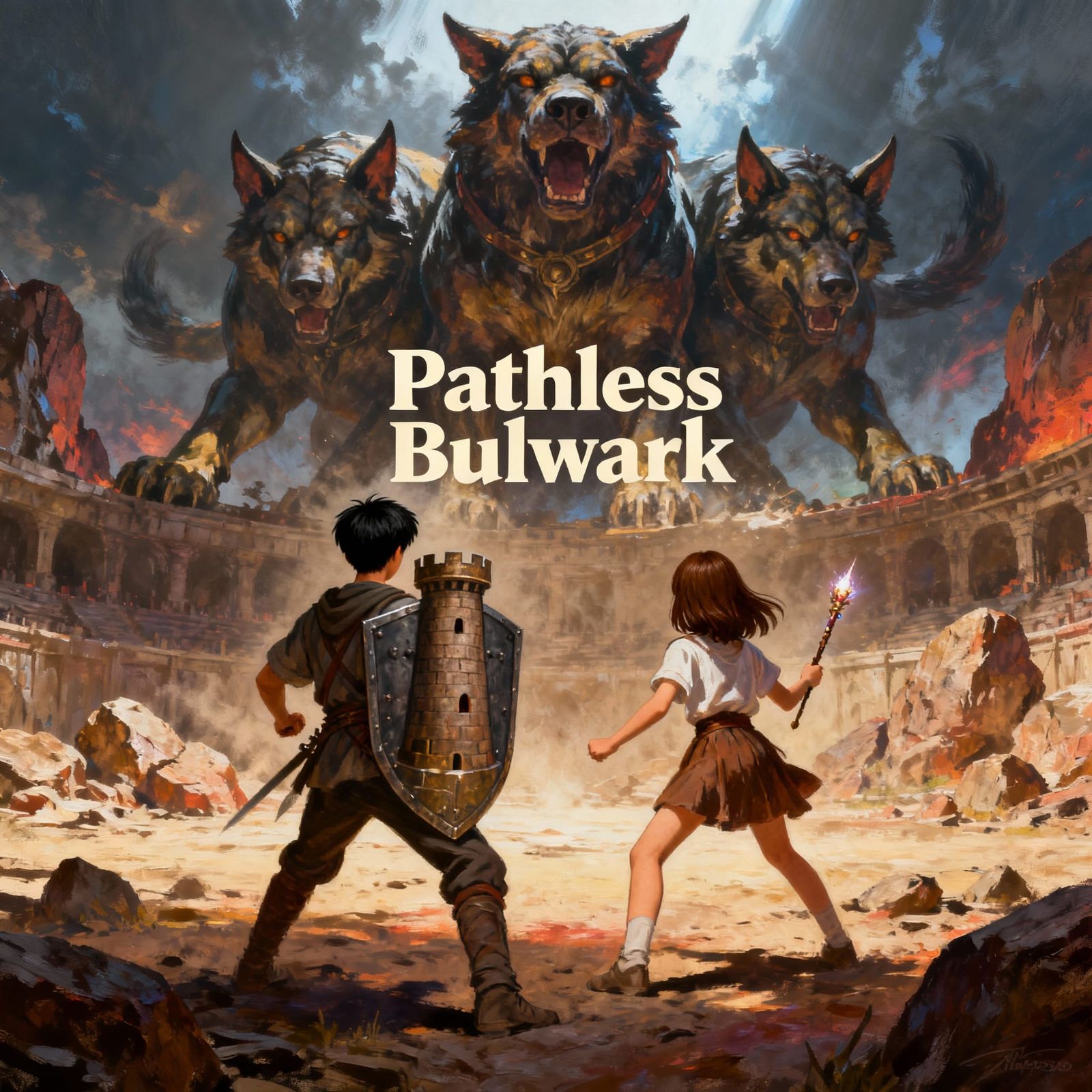 Siblings Confront Colossal Cerberus in Epic Fantasy Art