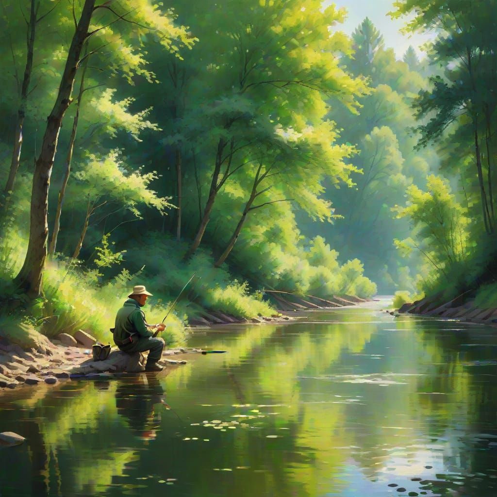 Impressionistic Fisherman in Forest by River