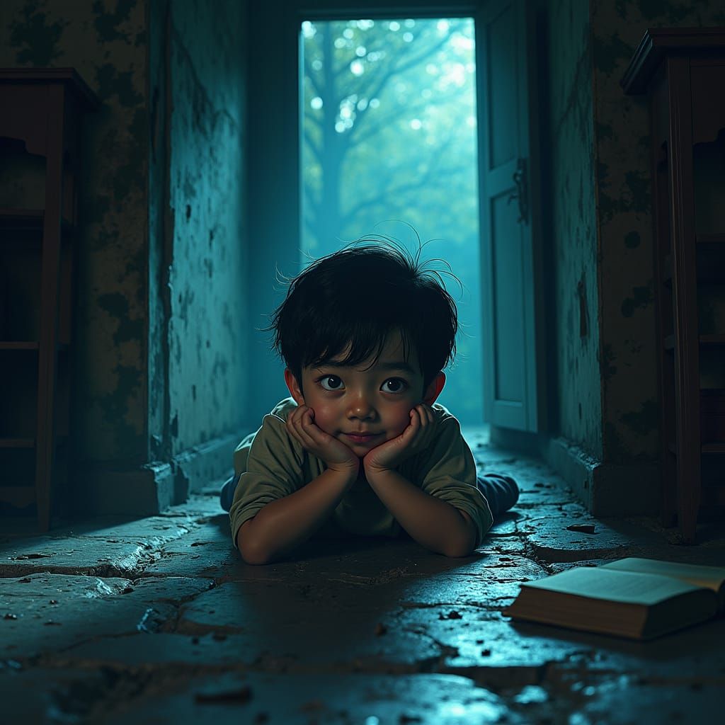 Child Gazing Through Hatch into Courtyard