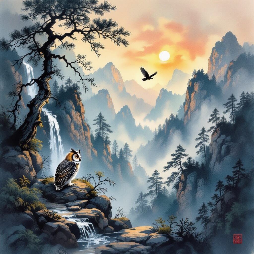 European Eagle-Owl in Mountain Forest Chinese Ink Painting