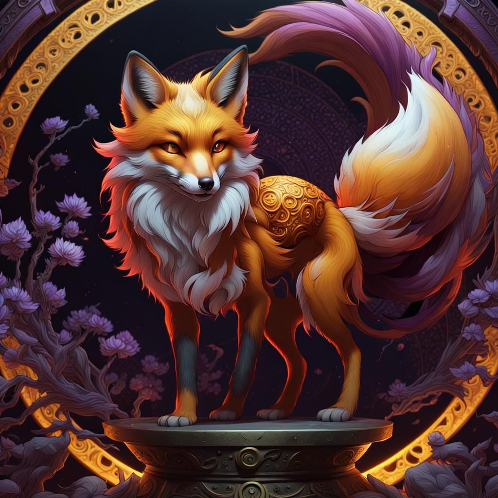 Mythological Nine-Tailed Fox in Dark Fantasy Style