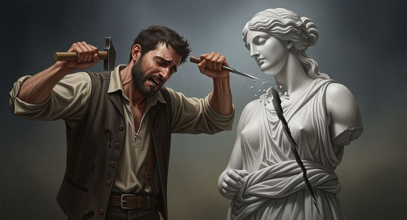 Sculptor's Anguish: Shattered Statue in Dramatic Lighting