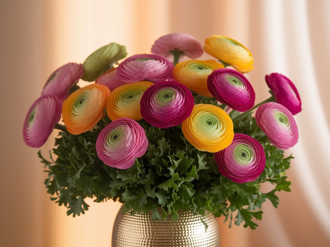 Vibrant Ranunculus Bouquet in Metal Vase