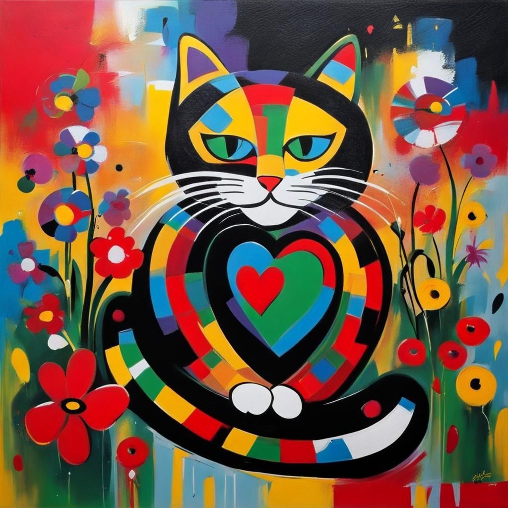 Abstract Expressionist Cat Art with Graffiti Flowers