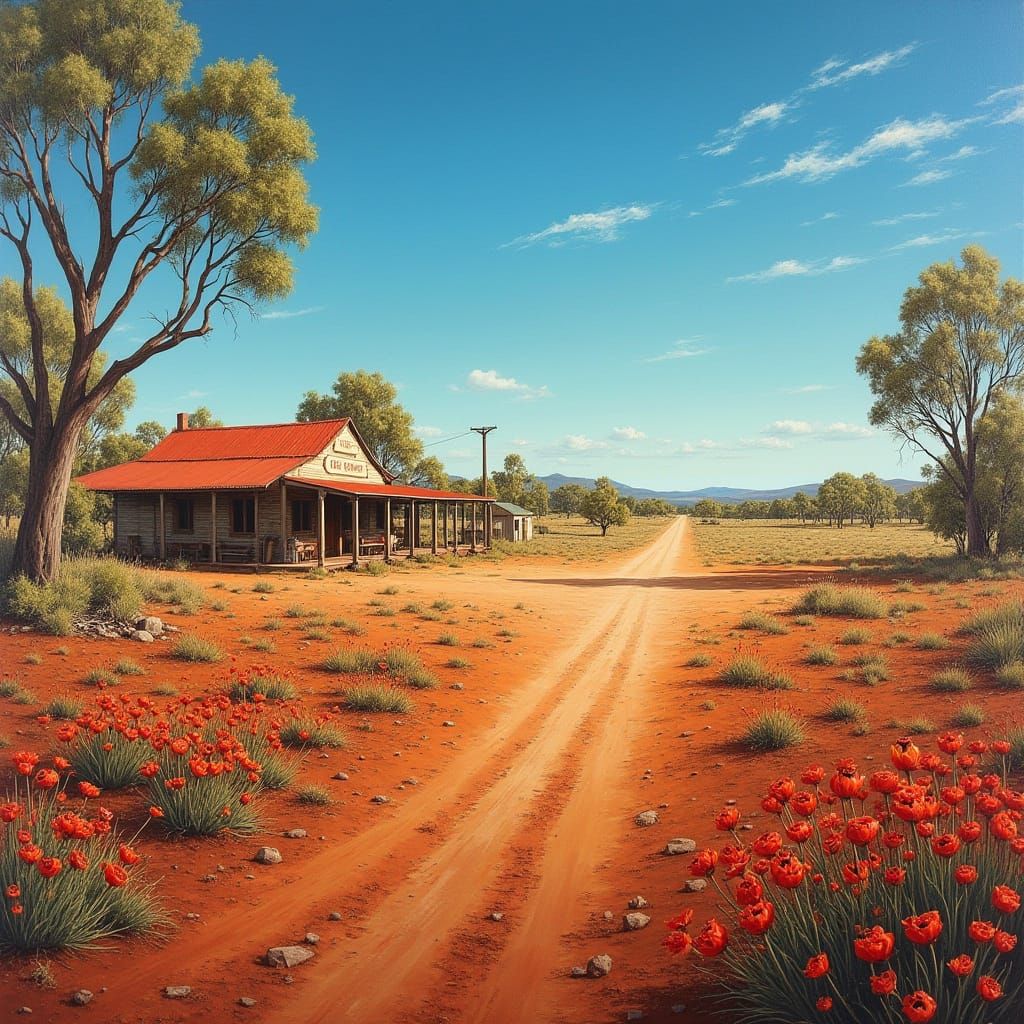Surreal Australian Outback Townscape in Vibrant Red and Terr...