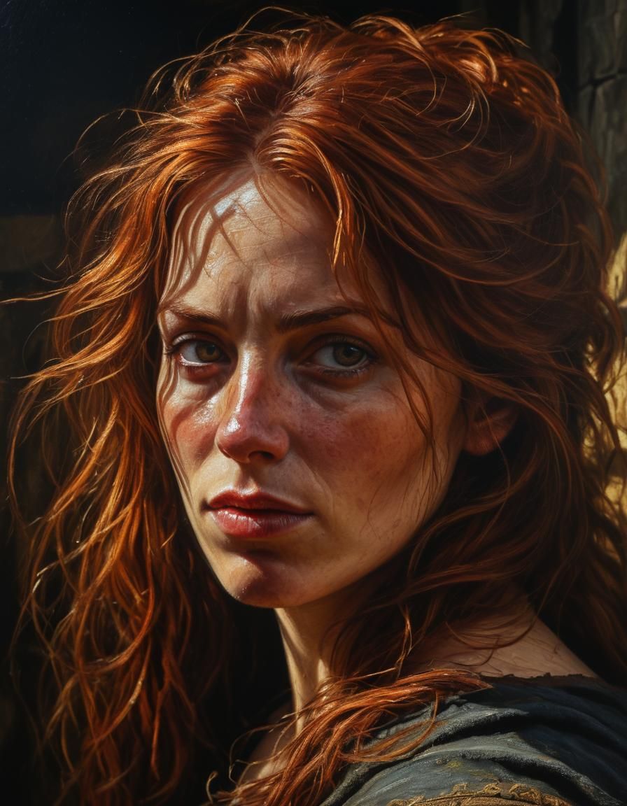 Chiaroscuro Oil Painting of Auburn-Haired Woman