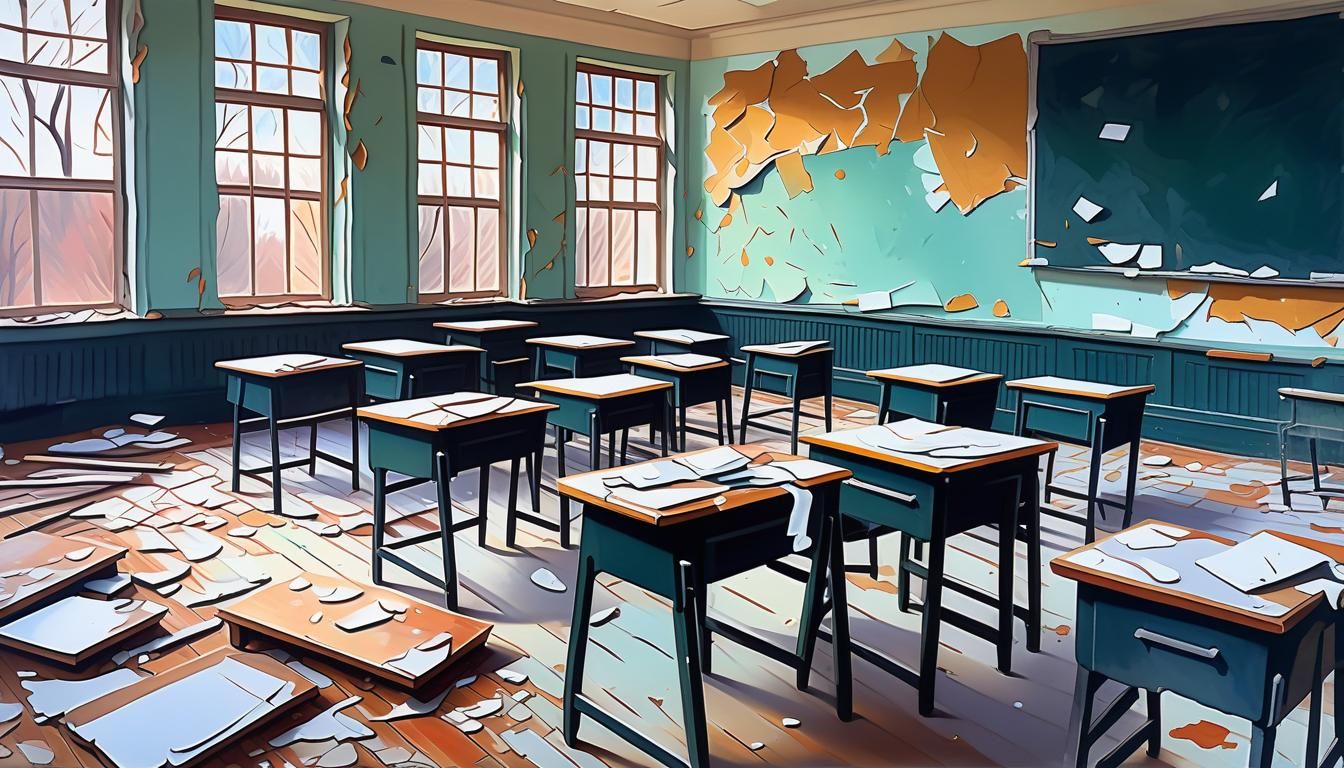 Abandoned Classroom in Gouache and Watercolor Style