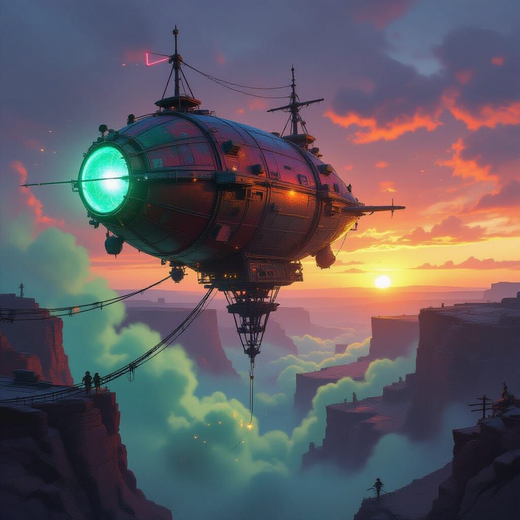 Techno-Goblin Airship Banks Above Neon Smog Canyon